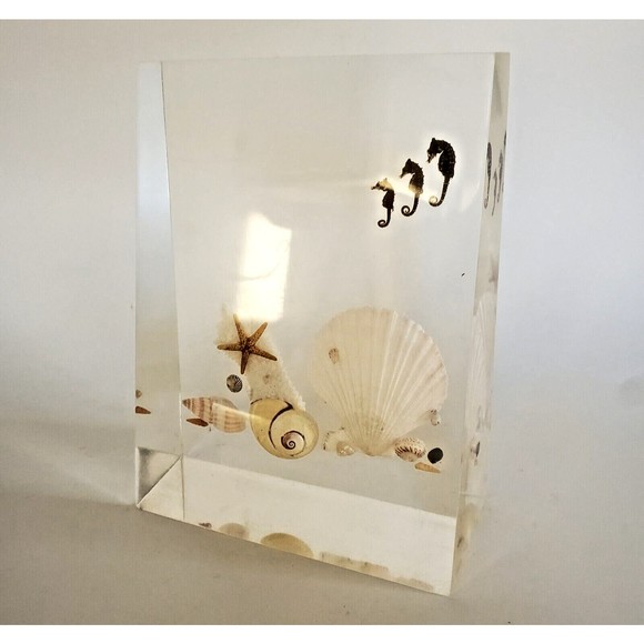 1970 Lucite Acrylic Bookends Nautical Ocean Beach Seashells Seahorses Starfish - Picture 11 of 16